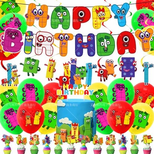 FOPSDGN 40pcs Number Birthday Party Supplies, Blocks Theme Birthday Party Supplies Decoration Set, Includes Happy Birthday Banner Cake Toppers, for Kids’ Party Baby Themed Favors Decorations