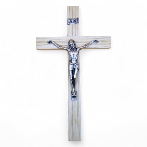 FIDES RELIGIOUS Wandkreuz – Handwerk Made in Italy Christus und INRI versilbert 999 – Wandkreuz aus Holz, Pflege und Präzision der Details des gekreuzigten Jesus – 32 x 18 cm