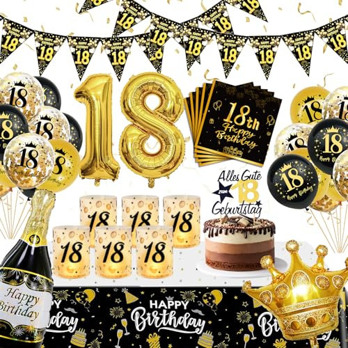 WINAROI 18 Geburtstag Deko Junge Mädchen, 18. Schwarz Gold Geburtstag Luftballons mit Windlicht Tischdeko Servietten Tischdeck, Deko 18. Geburtstags Luftballons, Birthday Party Decorations