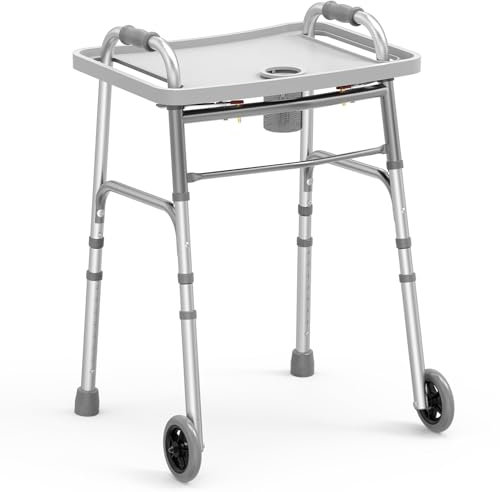 Loyoda Klappbarer Gehwagen mit Tablett, 12,7 cm Räder, leichte Gehhilfen für Senioren und Erwachsene, unterstützt bis zu 158,8 kg, verstellbare Höhe, kompakter Standard-Lauffanger, Silber