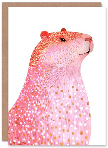 Artery8 Greeting Card Cute Pink Capybara White Gold Polka Dot Fur Coat For Her Woman Birthday Card