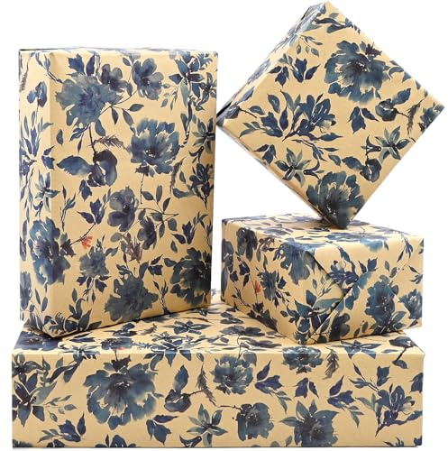 Birthday Wrapping Paper, Gift Wrapping Paper Designed with Blue Flower, 100% Recyclable ECO Floral Wrapping Paper for Birthday,Party and Baby Shower（5 sheets）