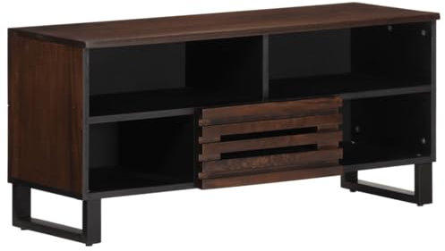 Makastle Meuble TV, Meuble de Salon, Console TV avec 1 Tiroir et 4 Étagères, Banc TV en Bois, Table TV, Support Télé, Meuble Tele, pour Salon et Bureau, marron 100x34x46 cm bois massif manguier