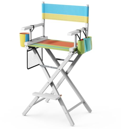 Bonnlo 31 inch Folding Director Makeup Chair Professional, 78cm Hight | Camping Chairs Folding, with Portable Storage Side Bags & Footrest, Solid Hardwood & Polyester, Beige, White Frame