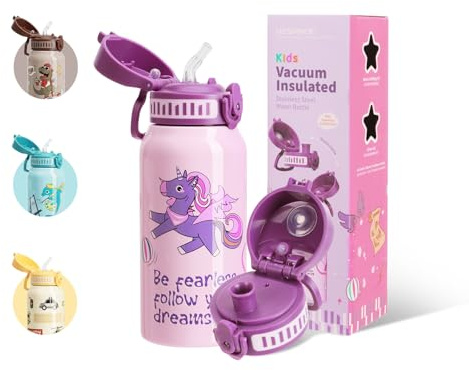 UZSPACE Botella Agua Acero Inoxidable para Niños 550ml con 2 Tapas Diferentes, A Prueba de Fugas, Apertura de un Clic, Termo con Pajita para Colegio, Guardería, Deporte Niños y Niñas (Lila)