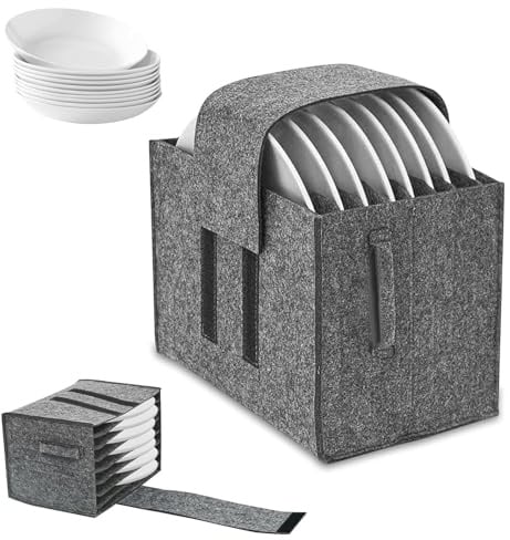 Porte Assiettes en Feutre Gris avec 8 Compartiments et Poignées 27x22x7cm | Rangement de Vaisselle de Camping pour Assiettes Tasses et Couverts Adapté pour Camping Car Caravane et PiqueNique