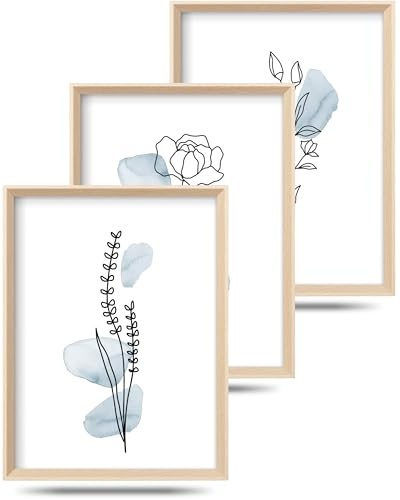 HesenDot A3 Linien Blumen Bilder Mit Rahmen, Holzrahmen-Design 3er Set | 30x40cm Minimalistische Botanische Wandbilder, Moderne Pflanzen Kunstdrucke für Wohnzimmer Schlafzimmer Bad Flur Büro
