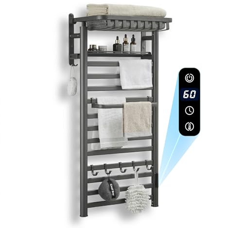 VelvetWarm Heated Towel Rail Wall Mounted,10 Bar 990x500mm Electric Towel Rail with Thermostat,Gray Flat Bathroom Ladder Electric Towel Radiator