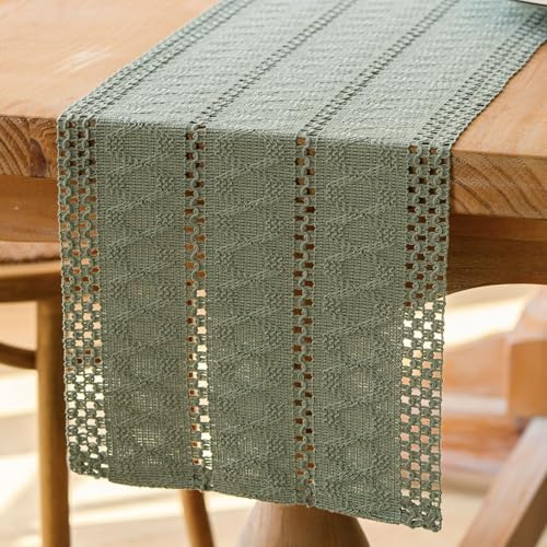 Jayusaror Tischläufer Grün Salbeigrün Boho Makramee Modern Frühling Bauernhaus Klein Tischdecke Landhausstil Rustikaler Tisch Läufer Baumwolle Leinen Table Runner für Hochzeit Party Deko 30x80 cm