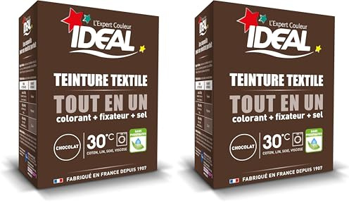 IDEAL - Kit Teinture Tout en Un Mini Chocolat - 230 g - Colorant + Fixateur + Sel Inclus - Teinture Textile Longue Tenue - Coton, Lin, Soie, Viscose - Efficace dès 30°C - Fabrication Française
