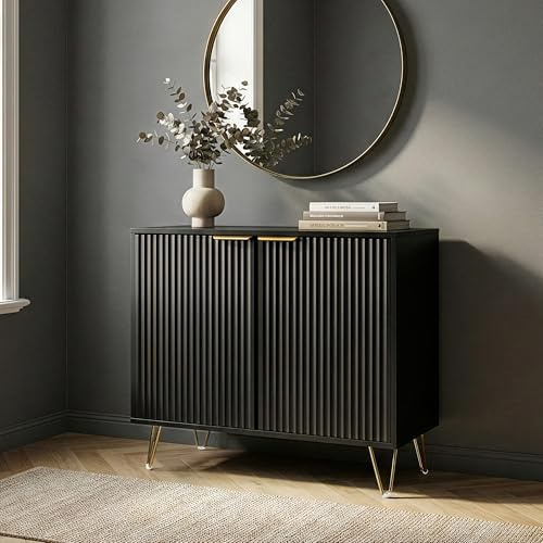 [en.casa] Beistellschrank Trondi Badezimmerschrank 75 x 80 x 40 cm Sideboard mit 2 geriffelten Türen Aufbewahrungsschrank 2 Innenfächer Wohnzimmerschrank Metallfüße Schwarz
