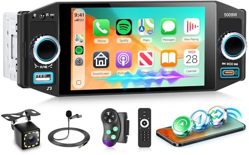 Rimoody Autoradio 1 Din con Wireless Carplay Android Auto Bluetooth 5.2 FM/AM/RDS, 5 Pollici Touchscreen Radio con iOS/Android Mirror Link USB/AUX/EQ/Tipo C Comandi al Volante Telecamera Posteriore
