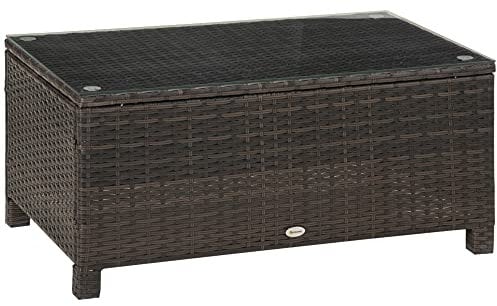 Outsunny Outdoor PE Rattan Coffee Table, Rectangular Garden Tea Table w/Tempered Glass Top, Mixed Brown