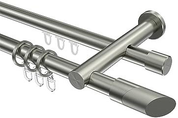 INTERDECO Rundrohr-Innenlauf-Gardinenstange 20 mm 2-läufig, moderne Rohr-Innenlaufstange aus Metall, Edelstahl-Optik, zur Wandmontage, Typ 10223412, 140 cm