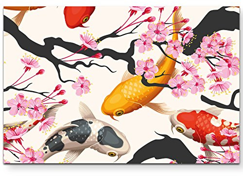 Paul Sinus Art Leinwandbilder | Bilder Leinwand 120x80cm Koi Fische und japanische Kirschblüte