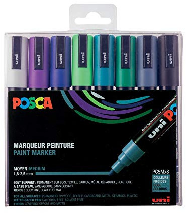 POSCA Mitsubishi Pencil – 8 Marker PC5M – konische Spitze – kalte Farben, mittlere Spitze – Marker für Farbe auf Wasserbasis – für Papier, Textilien, Glas, Kieselstein, Holz