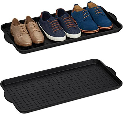 relaxdays Set de 2 Bandejas Zapatos, Booy Tray Anti Goteo, Zapatero Recibidor, 6-8 Pares, Plástico, 75 x 36,5 cm, Negro