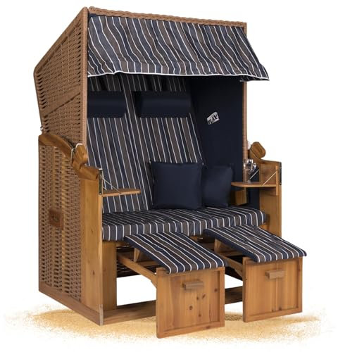 Strandkorb Hanse Strandkorb Ostsee XXL Volllieger Blau - 2-Sitzer 120cm breit, ideal für Garten, Terrasse und Balkon (Blau Braun Weiß, zerlegt)
