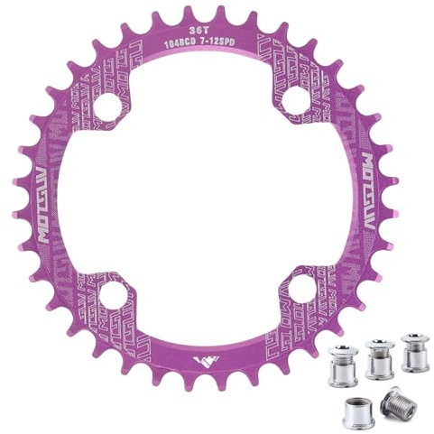 QIAMNI 104 BCD 32T 34T 36T 38T schmaler breiter einzelner Kettenring mit 4 Stück Zahnkranzschrauben für Rennräder, Mountainbikes, BMX, MTB Bike (lila, 36T)