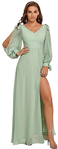 Ever-Pretty Vestiti da Damigella Scollo a V Manica Lunga Stile Impero Chiffon Lunghezza del Piano con Spacco da Donna Menta Verde 40EU
