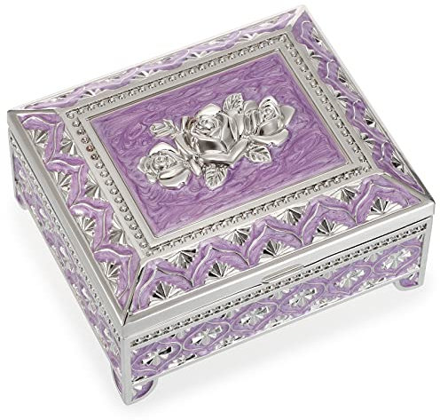 IGNPION Metal Jewelry Box Rose Engraved Trinket Holder Earrings Rings Trinket Storage box Jewelry Keepsake Ornate Display Case for Birthday, Wedding, Mothers Days Gifts, Silver+Purple