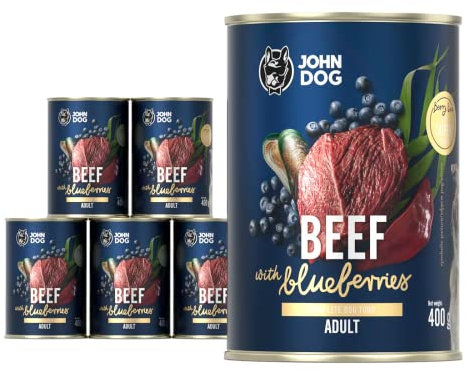 JOHN DOG Nassfutter für Hunde Berry Line Rind mit Heidelbeeren - Getreidefrei Hundefutter mit Superfoods und 96% Fleisch & Innereien - für Erwachsene Hunde 6 x 400g