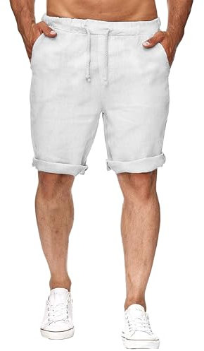 NANAMEEI Weiß Lässige Baumwoll Leinen Shorts für Herren Klassische Passform mit Taschen Weiß XL