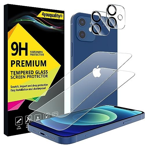 4youquality [4-in-1 Screen Protector for iPhone 12 with Camera Lens Protector, Tempered Glass Film, 2-Pack Each, [LifetimeSupport][Impact-Resistant][Anti-Scratch][Ultra-Transparent]