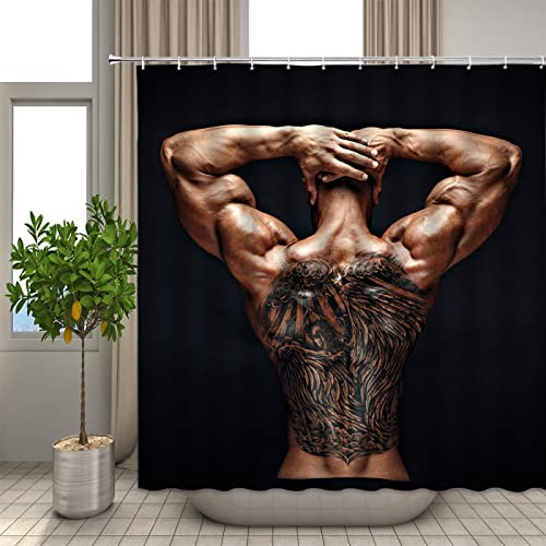 Rideau Douche 3D Homme Sexy, Rideau de Douche 120 x 200 cm Hommes Remise en Forme, Rideau Baignoire Anti Moisissure Imperméable Tissu Polyester Lavable Rideau Salle de Bain avec 8 Crochets