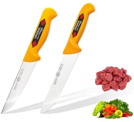 EIKASO SOLINGEN Geflügel/Ausbeinmesserset, 2tlg, von Profis - für Profis und Privat, 1.4116 Molybdänstahl, rostfrei, Handabzug, gelbe extra rutschfeste Polypropylene (2Teilig Stech und Blockmesser)