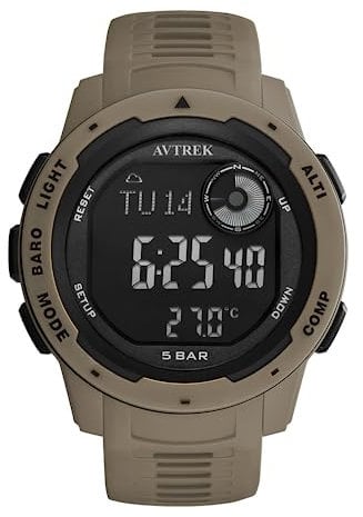AVTREK Orologio digitale impermeabile, per sport all'aria aperta, orologio militare con contapassi, altimetro, bussola, perfetto per uomini, donne e adolescenti (marrone)
