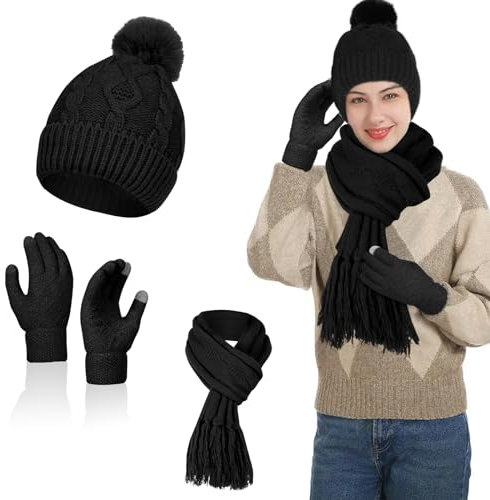 Flintronic Women's Warm Winter Set - Knitted Pom Hat, Long Scarf and Touch Screen Gloves for Skiing - Black