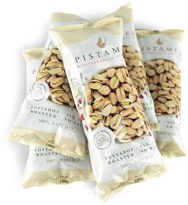 PISTAMED - Pistachos con Cáscara Sin Sal Tostados Artesanalmente - Alto Contenido en Fibra - Apto Veganos y Sin Gluten - Pack 6 x 100 g Formato Individual - Origen España - Snack Natural