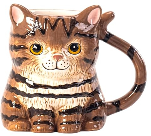 Adorable taza de cerámica 3D de gato atigrado – Capacidad de 380 ml para bebidas calientes, taza perfecta para té, café y chocolate caliente