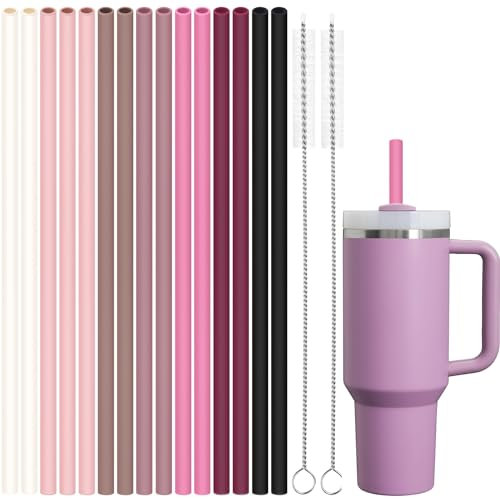 Tomorotec 12.2 Reusable Silicone Drinking Straws 15-Pack with Cleaning Brushes for Stanley Tumblers 40oz 30oz 20oz, Noise-Free BPA-Free Food Grade Silicone Adjustable for Various Cups (Pink Series)