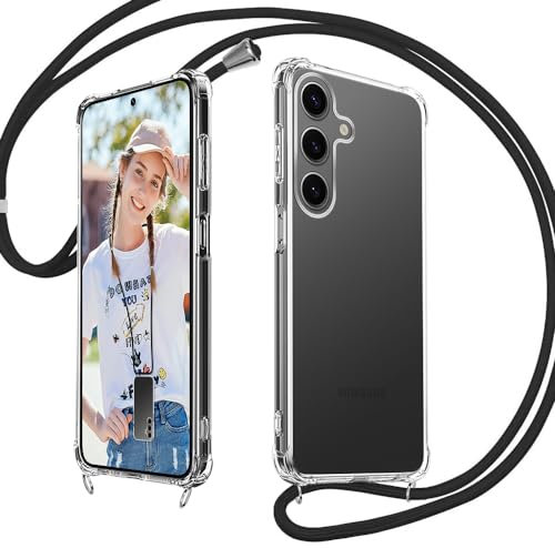 Rosyhulle Handykette für Samsung Galaxy S24 Hülle, Transparent Silikon Handyhülle mit Band für Samsung S24 Schutzhülle mit Kordel, TPU Stoßfest Cover zum Umhängen Halskette Schwarz