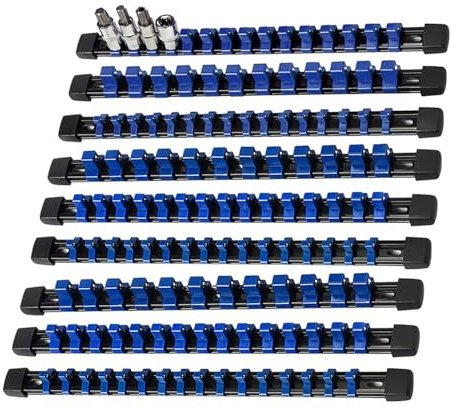 AMM 9-Piece Socket Organizer (Blue),1/2, 3/8 & 1/4 Drive socket holders organizers, Heavy Duty Socket Racks, Premium Quality Socket Clip Rail Holder, The best tool organizer in the garage