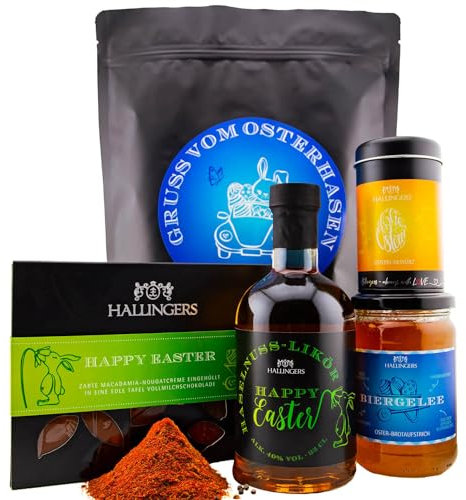 Hallingers Gruß vom Osterhasen - blue - Ostern Wundertüte XXL als Osterkörbchen, Ostertafel Biergelée Likör & Osterei Gewürz (Set) - Geschenkideen Weihnachten & Geschenke Adventskalender | Glückwunsch