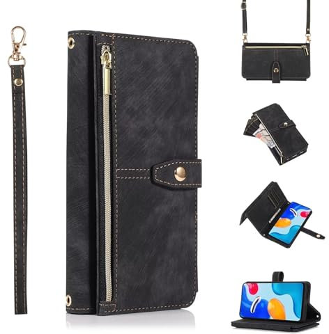 ESONG Coque pour Xiaomi Redmi Note 13 Pro 5G,Etui en Cuir PU Portefeuille Flip Housse avec Sangle réglable/9 Fente pour Carte/Magnétique,Anti-Choc Case Cover,Le Noir