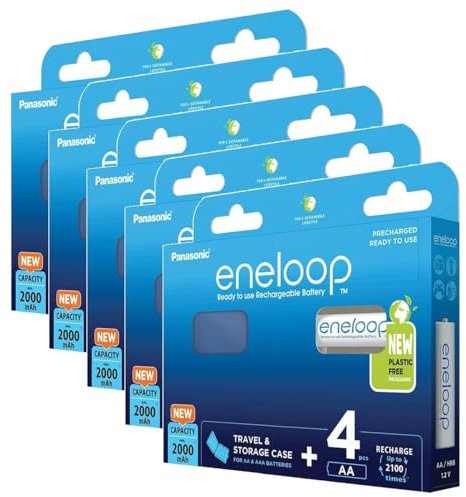 Eneloop Lot de 5 x 4 Piles Rechargeables Ni-MH Mignon AA 2000mAh + Boite de Rangement