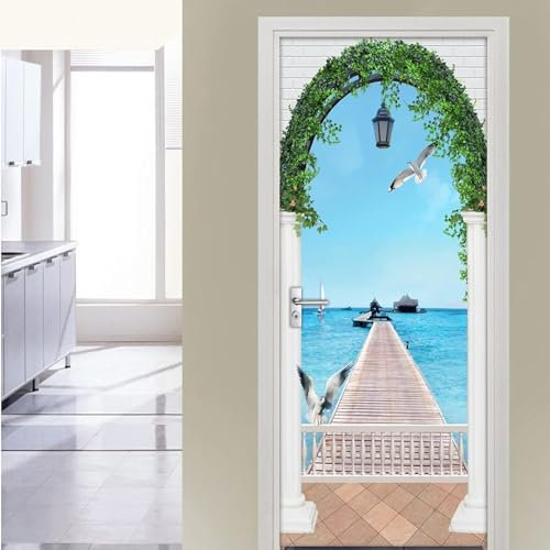 Türtapete Selbstklebend Türposter - Holzhaus Mit Blauem Meer Und Grünen Pflanzen 80 X 200 Cm - 3D Türaufkleber Wasserfest Türfolie Für Schlafzimmer Gang Tür Verschönern Deko - Kinderzimmer Woh 0