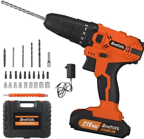 Akku-Bohrschrauber Akkuschrauber 45Nm, 21V Akku-Bohrmaschine mit 2×1.5Ah Akku, 25+1 Drehmoment Akkubohrer, Vorwärts und Rückwärtsschaltung, 2-Gang, LED-Licht. 26 Zubehör, Tragetasche, Orange