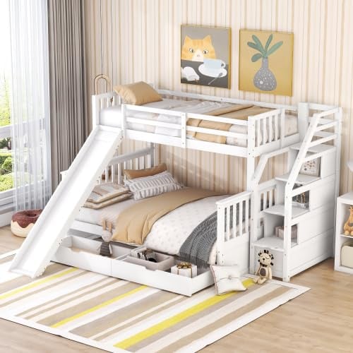 TOPCHANCES Hausbett für 2 Kinder,Kinderbett 90 x 200 und 140x200 Etagenbett mit Schubladen und Leiter mit Handläufen,Rutsche mit Puffer Stauraum und Rutsche,Multifunktional (Weiß, 90x200/140x200cm)