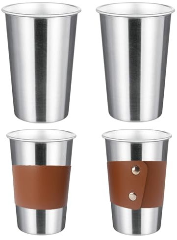 4 Pack 20oz Pint Cups with 2 Cup Sleeves, Stainless Steel Cups, Stackable Metal Cup Tumbler, Premium Metal Drinking Glasses for Cold Drinks, Chilling Beer Glasses for Party Camping (4 PCS, Silver)