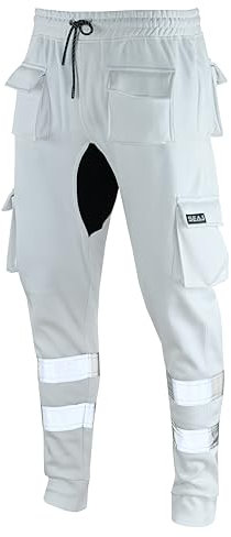 SEA3 Men's Hi Viz Vis High Visibility Fleece Slim Fit Work Cargo Painter Trousers Joggers Bottoms, White - L