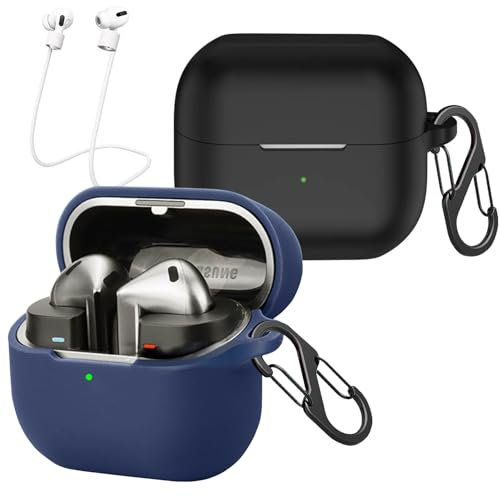 [2-Pack] easyBee Hülle Kompatibel mit Samsung Galaxy Buds3 FE/Buds 3 / Buds 3 Pro, mit 2 Karabiner Anti-Verlust-Gurte, Silikon Case Stoßfest Schutzhülle Bluetooth Kopfhörer Tasche - Schwarz Blau