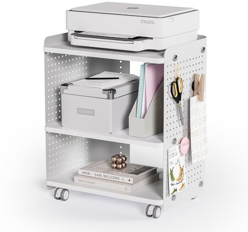 Fenge Druckertisch mit Rädern Mobiler Druckerhalter mit Pegboard 3 Ebene Druckerständer/Rollcontainer mit Organizer Regal Aktenschrank für Büro Zuhause 45,3x33,5x53,5cm (Weiß)