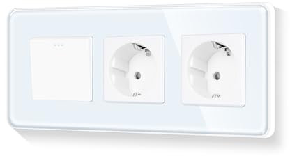 LIAONFOY Runde Schuko 1 Fach 1 Weg Unterputz Lichtschalter mit Doppelt Steckdose Glasrahmen Wandsteckdose Weiß 110-250V 228mm