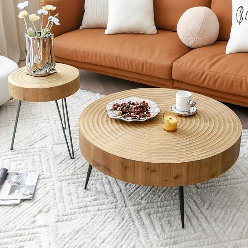 Zouron Couchtisch Holz Satztisch 2er Set - Wie Wasserwellen Beistelltisch Rund Wohnzimmertisch Braun 80x80x36.5cm Großtisch mit 40x40x46.5cm Klein aus Kiefer Metallgestell (Vintagebraun L&S-2 pcs)