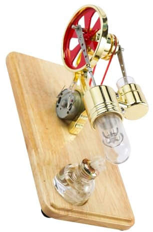 Stirling Engine, Steam Engine with Oak Base Plate and LED Lights Drip Molding for Educational Displays and Children's Entertainment (Gold)